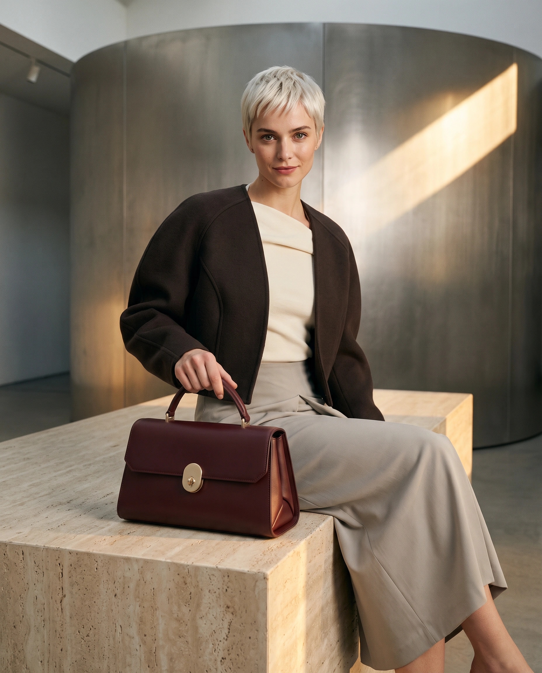 Léa presenting the same oxblood handbag in a warm contemporary fashion campaign