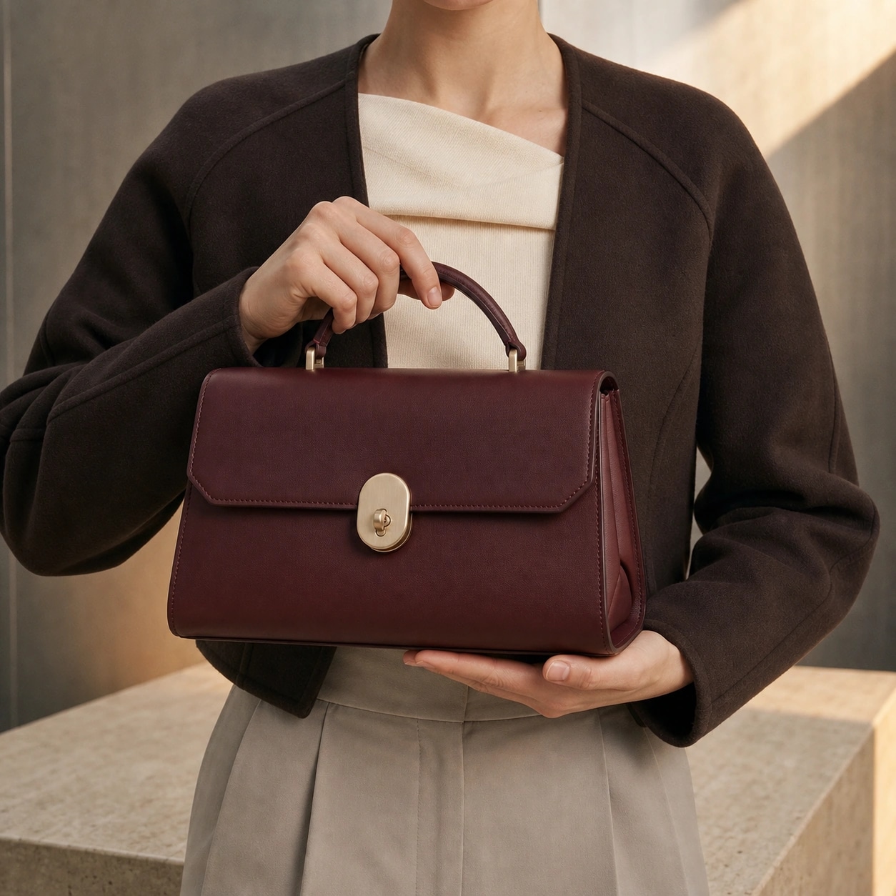 Handheld campaign close-up of the same oxblood handbag, with one hand on its handle and the other supporting its base