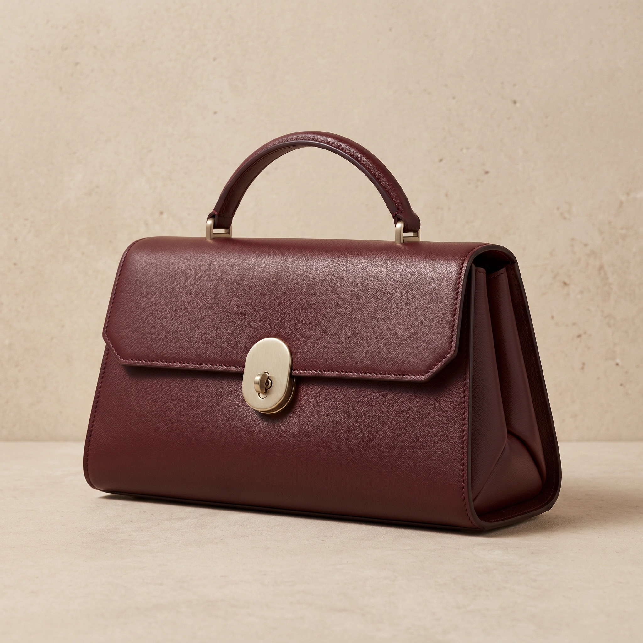 Uploaded oxblood East-West handbag with folded side construction and brushed oval clasp