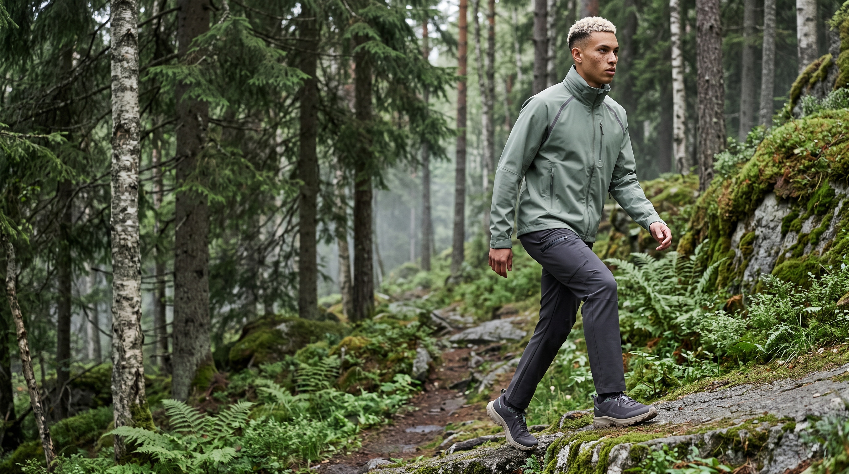 Oren wearing the same three-piece trail system while hiking through a rain-damp Norwegian forest in a cinematic fashion campaign