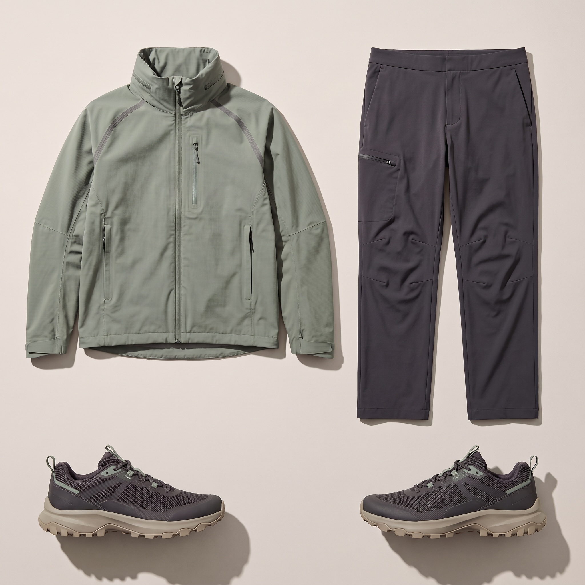 Three uploaded trail products: mineral-green technical shell, anthracite hiking trousers and basalt trail shoes