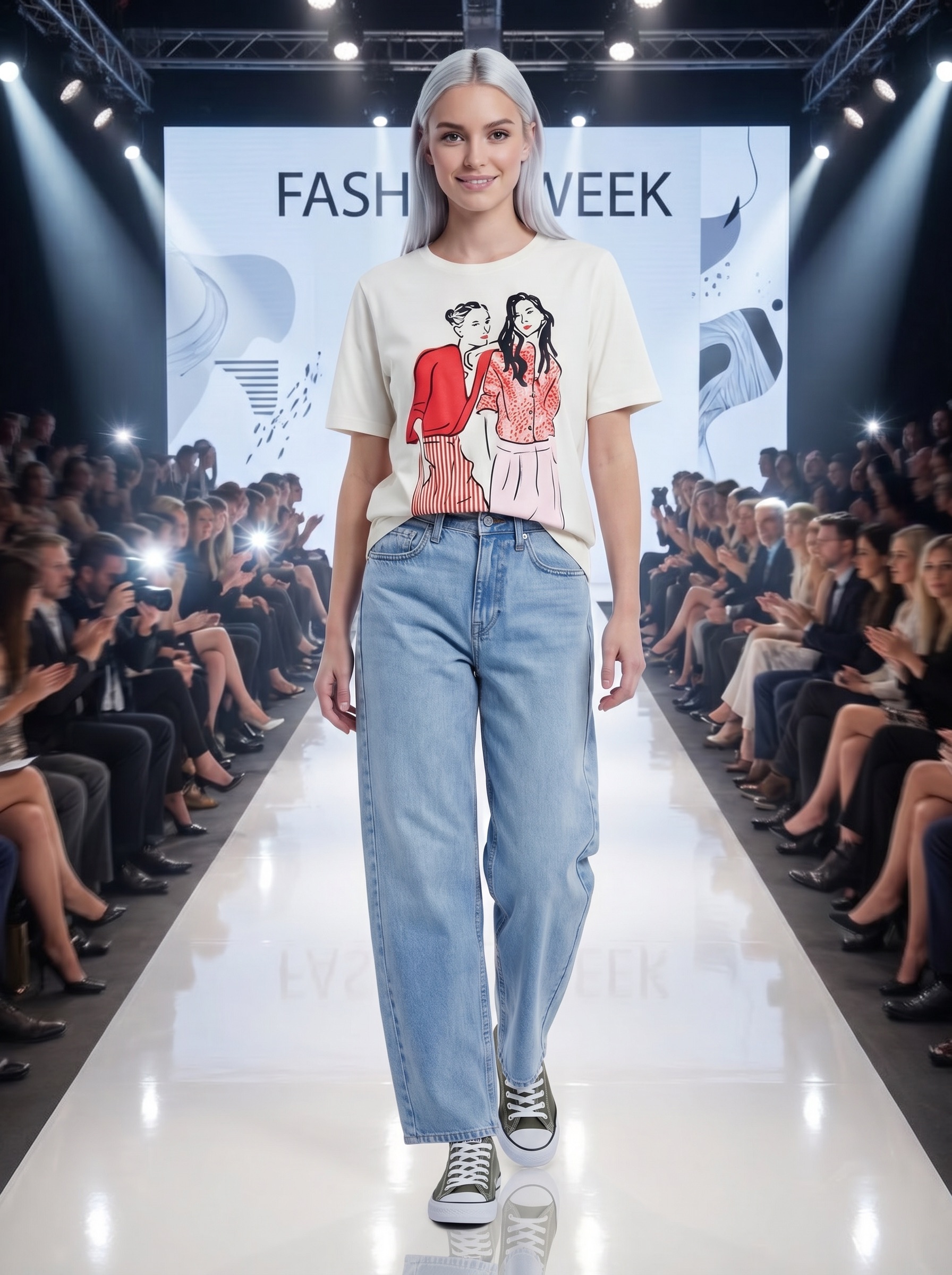 Same shoot, background swapped to Fashion Week runway